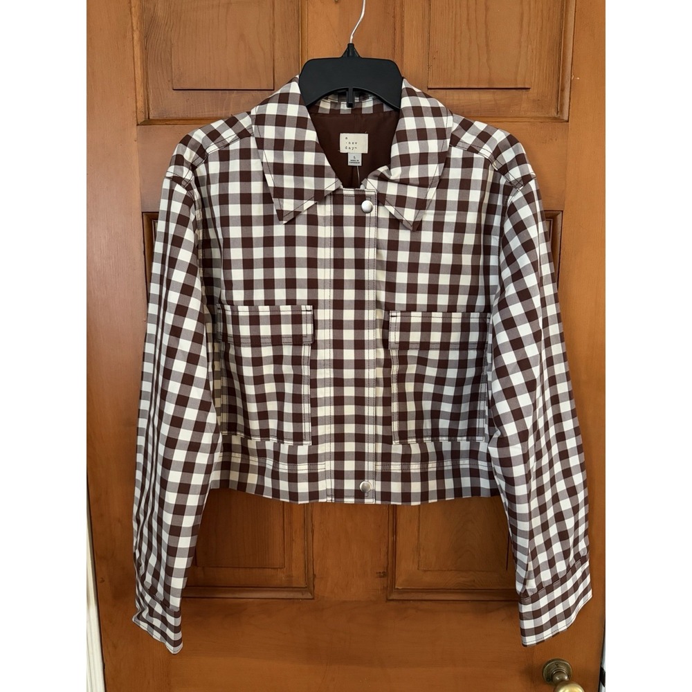 Women's A New Day Brown & White Gingham Cropped Jacket Size Large NWT Pockets
